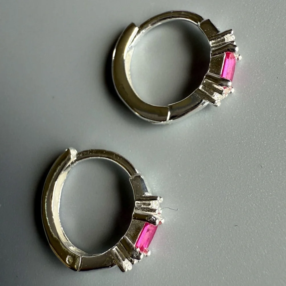 Sterling Silver Ruby Baguette Huggie Hoop Earrings 11mm